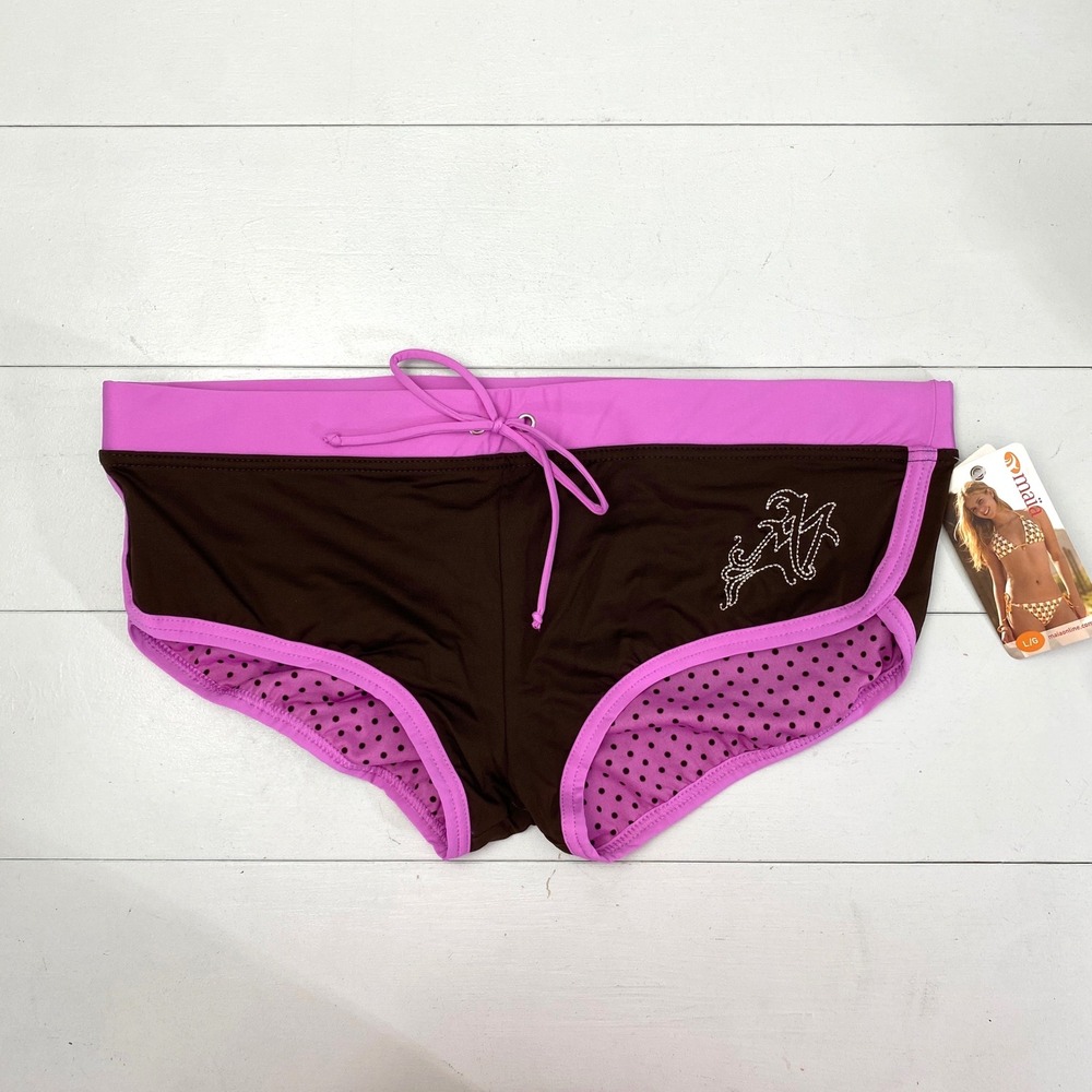Y2K Maia Bikini Bottoms Womens Large Brown Pink Polka Dot Swimwear Boy Shorts